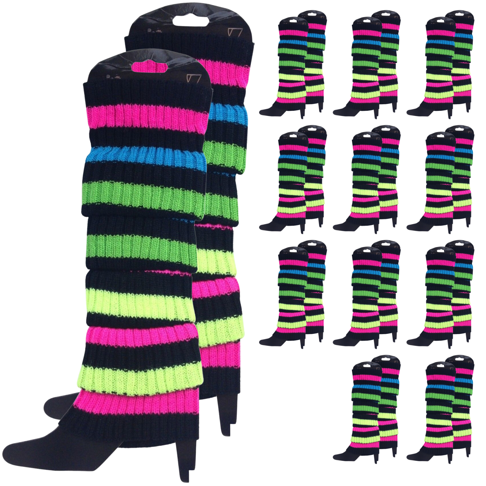 12x LEG WARMERS Knitted Womens Costume Neon Dance Party Knit 80s BULK - Rainbow with Black Stripe